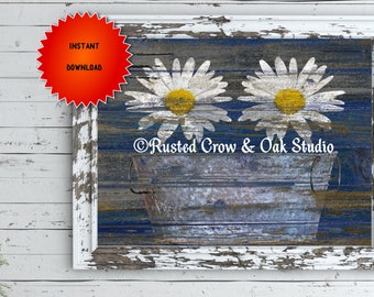 Bianco Margherita Fiori Washtub Blue Country Cottage Chic Digitale Scarica A306