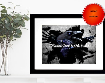 Black Crow Bird Feathers Wings Blue Eye Gothic Art Gothic Decor Digital Download A670