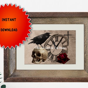 May include: A digital art print featuring a black crow perched on a human skull, a clock face with Roman numerals, a red rose, and a cross. The background is a vintage-style parchment with the text "Rusted Crow & Oak Studio".