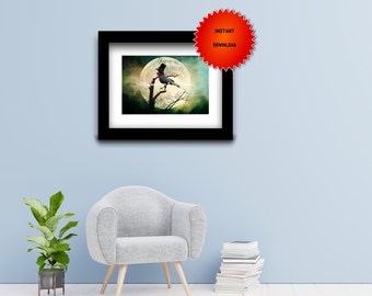 Bird Raven Crow Top Hat Bow Tie Teal Sky Fantasy Home Decor Matted Picture A657