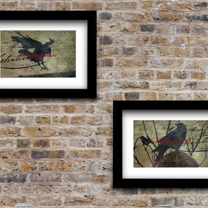 May include: Two framed black and white silhouette prints of crows on a vintage background with handwritten text. The top print shows a crow in flight, while the bottom print shows a crow perched on a branch.