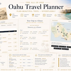May include: The Oahu Travel Planner is an all-in-one digital tool for organizing trips. It features an interactive map, day-by-day itineraries, a local food planner, and curated lists of places. The interface includes sections for trip overviews, daily schedules, and insider tips, all designed to help users plan their travel effortlessly.