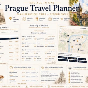 May include: The All-in-One Prague Travel Planner digital document features a detailed itinerary, interactive maps, and curated local recommendations. The layout includes sections for daily schedules, food planning, and historical facts, all presented with a clean, organized aesthetic.