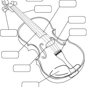 Puede incluir: Una hoja de trabajo educativa en blanco y negro con un dibujo lineal de un violín con cuadros rectangulares vacíos que señalan sus diversas partes. La parte superior incluye el texto Name: Date: y el título Parts of the Violin.