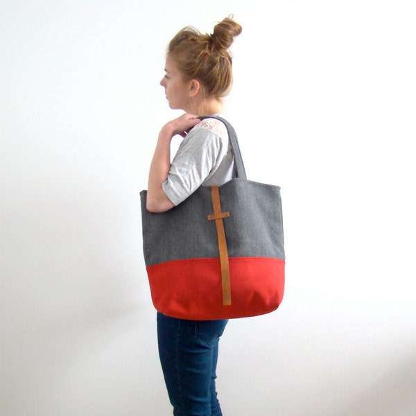 Large tote bag, wool, red and grey