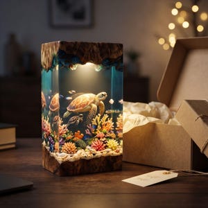 May include: A rectangular lamp made of wood and clear resin featuring an illuminated underwater scene with a sea turtle, a smaller turtle, colorful coral reefs, and small fish. The lamp is positioned next to an open cardboard gift box.