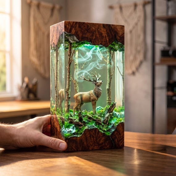 Deer Resin Lamp, Woodland Epoxy Wood Night Light, Handmade Forest Decor