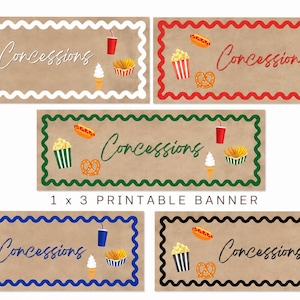 Puede incluir: Cinco pancartas rectangulares imprimibles sobre un fondo beige, cada una con un borde ondulado en blanco, rojo, verde, azul o negro. La palabra Concessions está centrada en cursiva, rodeada de ilustraciones de palomitas, perritos calientes y bebidas.
