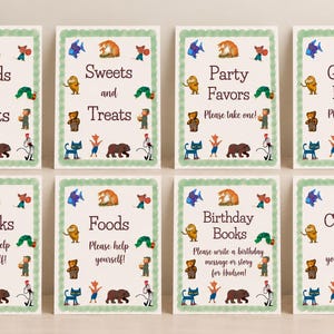 May include: Eight rectangular signs with a scalloped green border, each featuring various colorful cartoon animal illustrations. The text on the signs includes Cards and Gifts, Sweets and Treats, Party Favors, Guest Book, Drinks, Foods, Birthday Books, and Custom Text.