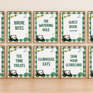 May include: Ten rectangular signs with a green and white gingham border, featuring golf-themed illustrations of a golf cart, a flag, and a ball. Each sign displays unique text including Cards and Gifts, Birdie Bites, and Your Text Here.