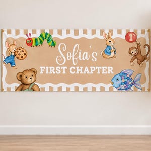 May include: A rectangular banner with a tan background and white scalloped borders, featuring the text Sofia's FIRST CHAPTER. Illustrations include a caterpillar, a bear, a rabbit, a monkey holding a red balloon, and a blue fish.