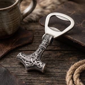 Könnte beinhalten: Ein silberfarbener Flaschenöffner aus Metall mit einem hammerförmigen Griff, der mit komplexen, geprägten Knotenmustern verziert ist. Der Kopf des Werkzeugs hat eine Standard-Öffnung zum Entfernen von Kronkorken und eine dunkle, oxidierte Oberfläche.