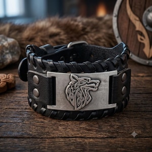 Può includere: Un ampio bracciale a fascia in pelle nera con una piastra rettangolare centrale in metallo color argento. La piastra presenta un design in rilievo a testa di lupo con intricati motivi a intreccio. Il cinturino in pelle è fissato con due rivetti metallici su ogni lato.