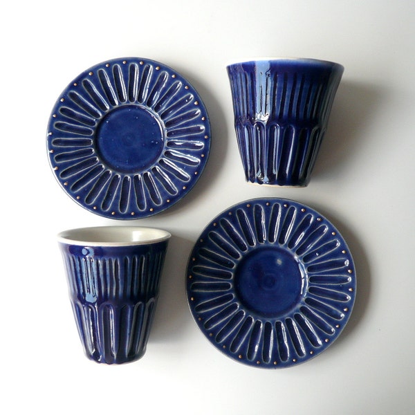 RESERVED Ceramic Cup and Saucer, Kiddish Cup, Judaica, Tea, Coffee Cup, in Blue and White with Sparks of Gold by Cecilia Lind, StudioLind