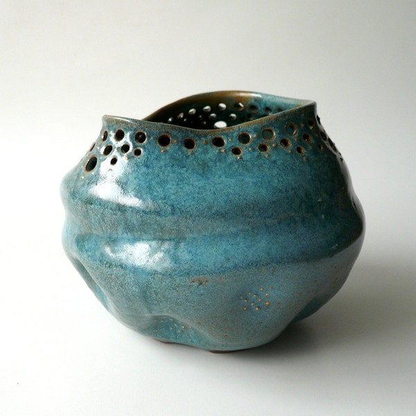 Ceramic Asymmetrical Vase with Pierced Rim and Gold Sparks, in Variegated Blue by Cecilia Lind, crowwhitepottery