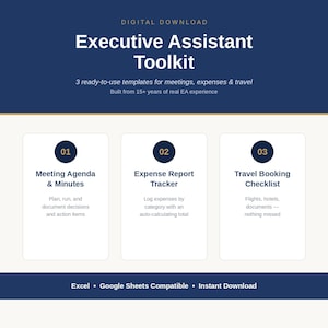 Executive Assistant Toolkit | Meeting Agenda Template, Expense Tracker, Travel Checklist | Excel Google Sheets Printable