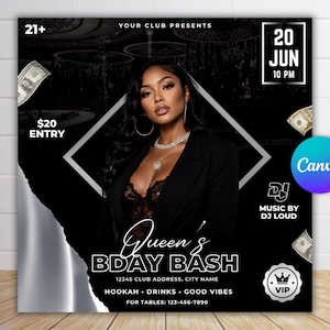 Puede incluir: Un folleto digital de evento para una Queen's Bday Bash con una persona en blazer negro y top de encaje. El folleto incluye el texto: 21+, Your Club Presents, 20 Jun 10 PM, $20 Entry, Music by DJ Loud, 12345 Club Address, City Name, Hookah, Drinks, Good Vibes y Tables: 123-456-7890.