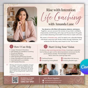 Op de afbeelding: Een vierkante promotieflyer voor life coaching diensten met Amanda Lane. Het ontwerp bevat een portret van een vrouw, de titel Rise with Intention Life Coaching, lijsten met diensten, een getuigenis van een klant en contactgegevens.