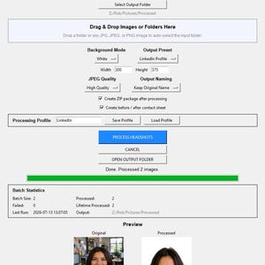 Headshot Processor PRO v2.1 | AI-verktyg för att beskära huvudbilder och ta bort bakgrund | Professionell programvara för profilfoton för Windows