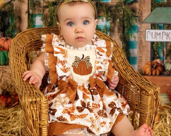 Autumn Bows  - sitter outfit with dainty embroidery pumpkin bow bib front in  rust orange, burnt orange, brown, beige and ivory cream