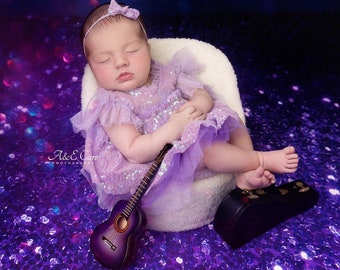 Lavender Haze  - darling newborn outfit and coordinating bow in a lavender purple sequin with layers of tulle and mesh