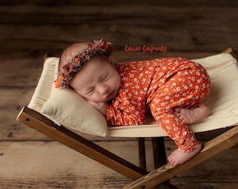 Orange Blossoms - newborn long sleeve floral footless romper in orange and white (RTS)