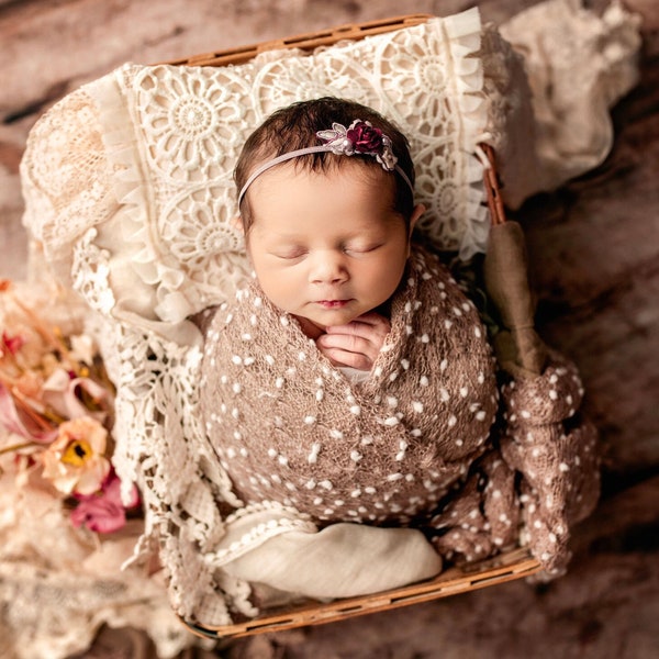 Adele - newborn pillow sham in an beige muslin with vintage style ivory cream lace overlay and mesh ruffle trim (RTS)