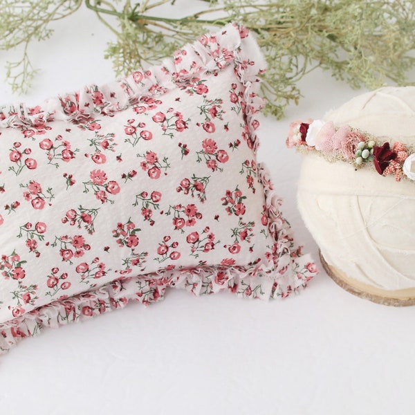 Vintage Love - newborn ruffle pillow sham in a floral print of raspberry pink, deep red, green, sage and  white with optional halo headband