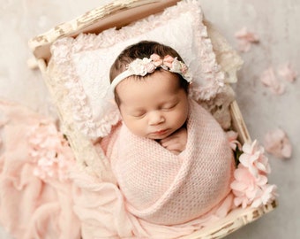 Pearls and Lace - newborn pillow sham in a light pink lace overlay with dainty lace ruffle trim and handsewn pearl accents