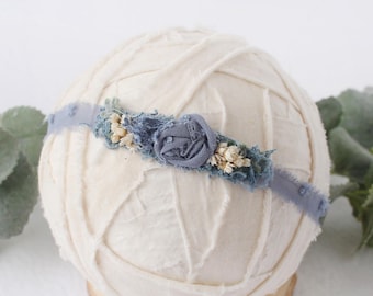 Smoky Blue - headband tieback in dusty blue, steel blue with cream and ivory - photography prop