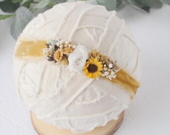 Golden Sunflowers - headband tieback - hand dyed velvet and silk in golden mustard yellow, ivory cream, sage and sunflower
