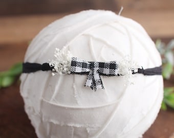 Her Little Black Bow  - adorable tieback on black hand dyed recycled chiffon with baby's breath and black and white buffalo check bow (RTS)