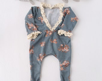 Dezera - newborn long sleeve footless romper in dusty slate blue with rust, camel and ivory dainty blossoms (RTS)