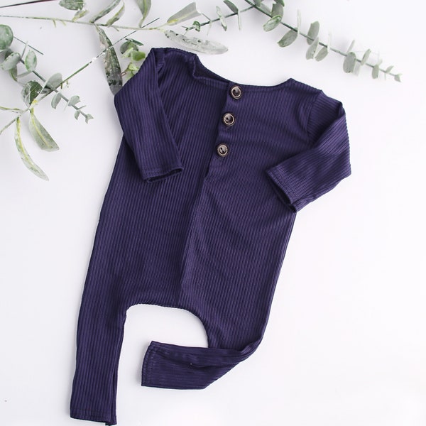 Navy Romper - newborn long sleeve footless romper in a navy blue rib knit - soft knit with lots of stretch (RTS)