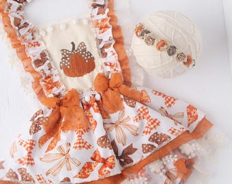 Autumn Bows  - sitter outfit with dainty embroidery pumpkin bow bib front in  rust orange, burnt orange, brown, beige and ivory cream