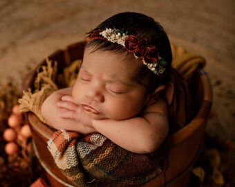Terra Rose  - headband tieback in a burnt rust orange hand dyed velvet with cream ivory - photography prop -  Recycled Materials