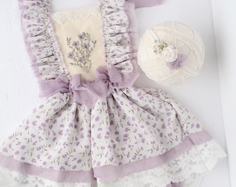Wild Lavender  - sitter outfit with dainty embroidery bib front in lavender purple, sage green and ivory white