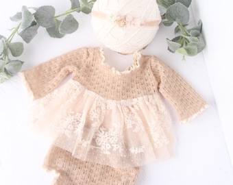 Hadley  - newborn outfit and headband set in beige, tan and cream