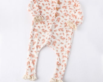 Melon - newborn long sleeve footless romper in and ivory cream with dusty rust orange and beige dainty blossoms (RTS)