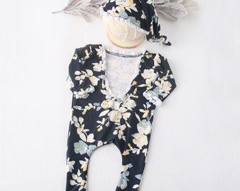 Natalia - newborn long sleeve footless romper and sleepy cap in navy blue, light dusty blue, yellow and ivory white (RTS)