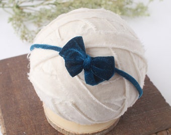 Velveteen  Peacock - Velvet Bow Headband - Aqua Teal, Baby Headband