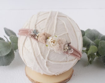 Toasted Sugar -  neutral headband in toasted beige, tan, ivory, cream and white with recycled silk - dried preserved flowers Newborn Nerds