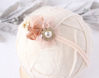 Pearly Passion - darling headband in dusty peach, dusty pink,  gold cream and ivory with pearls and diamonds  (RTS)