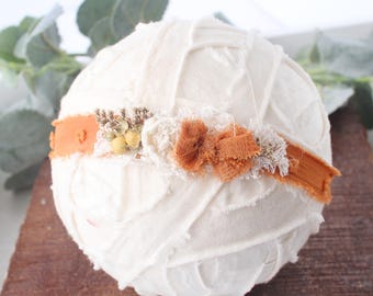 Sweet Clementine - Swiss Dot Chiffon Headband Tieback – burnt orange mustard yellow ivory
