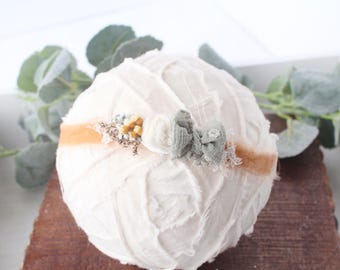 Fall Harvest - headband tieback - hand dyed velvet copper, sage, mustard - photography prop -  Recycled Materials