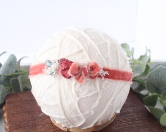 Spiced Coral - headband tieback -coral pink, dusty red, ivory, cream photography prop - hand dyed velvet
