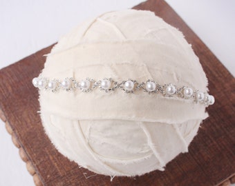 Pearls and Glitz - darling halo style crown tieback in pearls, diamond rhinestones and silver   (RTS)