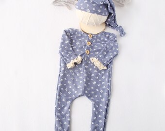 Denim Blossoms - newborn long sleeve footless romper and sleepy cap in dusty denim blue with ivory dainty blossoms (RTS)