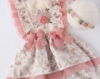 Dayliah - sitter outfit with dainty embroidery bib front in dusty rose pink, blush pink, sage green, ivory and cream