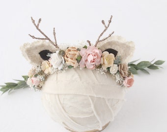 Deer Little One - halo - deer fawn critter headband halo in dusty pink, blush, green, sage, cream, ivory, beige, tan, brown and gold